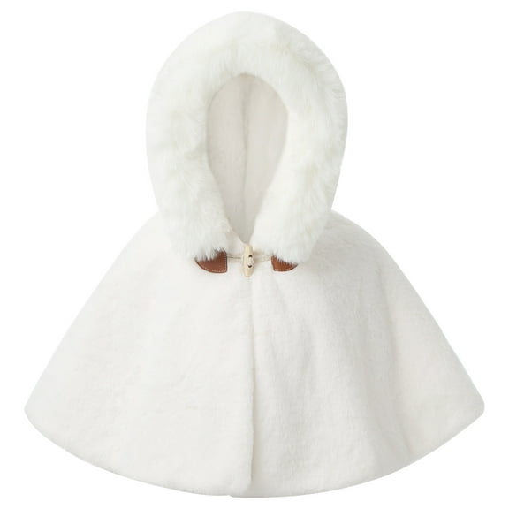 Hansber Toddler Girls Fleece Cape Poncho Cloak with Hood Faux fur Warm Winter Coat Hooded Jacket Outwear Ivory 80