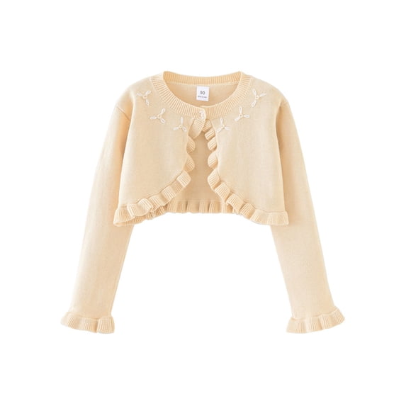 Hansber Toddler Girls Spring Cardigan Sweater Flower Ruffle Long Sleeve Bolero Shawls Single-Button Champagne 90