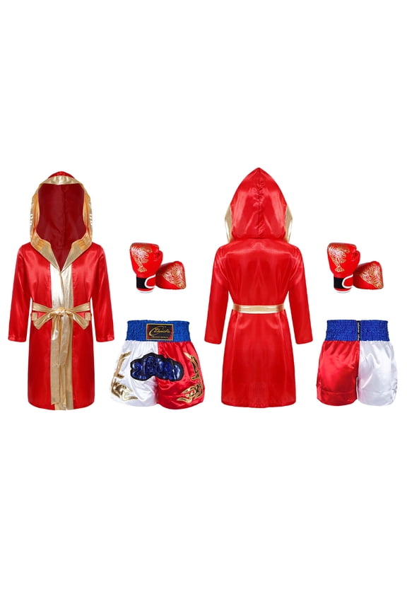 Unisex Kids Boxing Uniform Satin Long Hooded Boxing Robe with Waistband Muay Thai Shorts And Boxer Gloves Set Burgundy&Blue 8