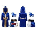 thumbnail image 1 of Hansber Unisex Kids Boxing Uniform Satin Long Hooded Boxing Robe with Waistband Muay Thai Shorts And Boxer Gloves Set Royal Blue 8, 1 of 9