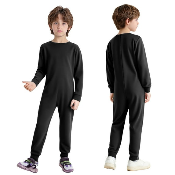 Hansber Unisex Kids One Piece Zip-Back Jumpsuit Special Needs Adaptive Romper Long Sleeve Plain Overalls Black 6