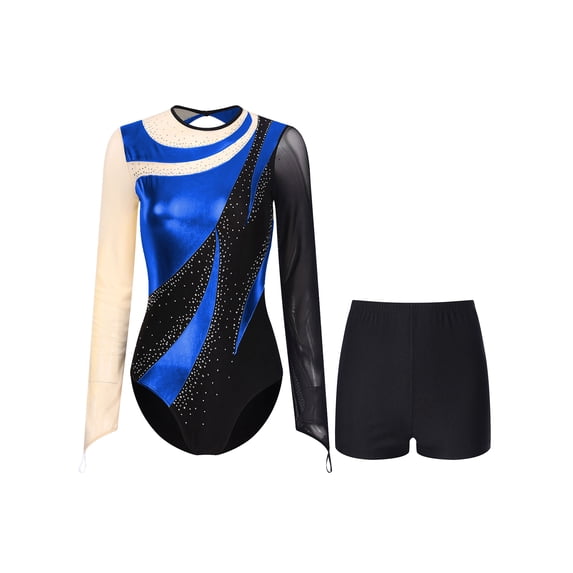 Hansber Women Adult Gymnastic Leotard Dance Leotard with Shorts 2Pcs Gymnastic Suit Dance Biketard Blue M