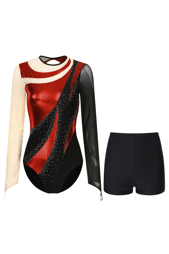 Women Adult Gymnastic Leotard Dance Leotard with Shorts 2Pcs Gymnastic Suit Dance Biketard Red XL
