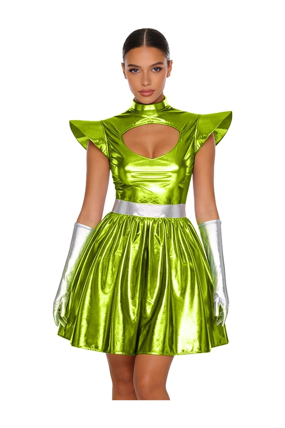Women Alien Outfits 2Pcs Cap Sleeves Metallic Cutout A-Line Skater Dress with Holographic Gloves Green 3XL