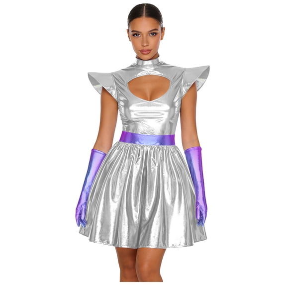 Hansber Women Alien Outfits 2Pcs Cap Sleeves Metallic Cutout A-Line Skater Dress with Holographic Gloves Silver 3XL