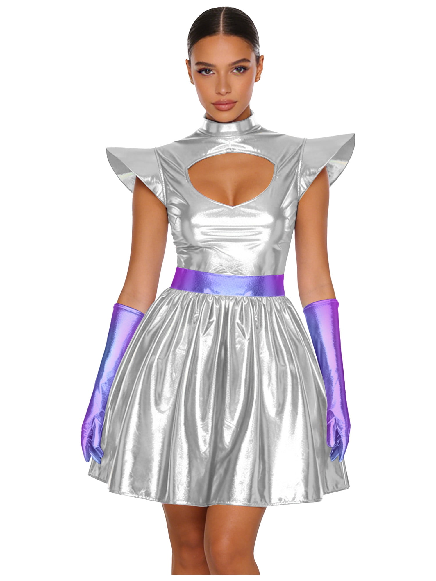 alien skater dress HDE Shiny Metallic Alien Costume Dress Futuristic Sleeveless Space Skater Dress Hot Pink - 3X