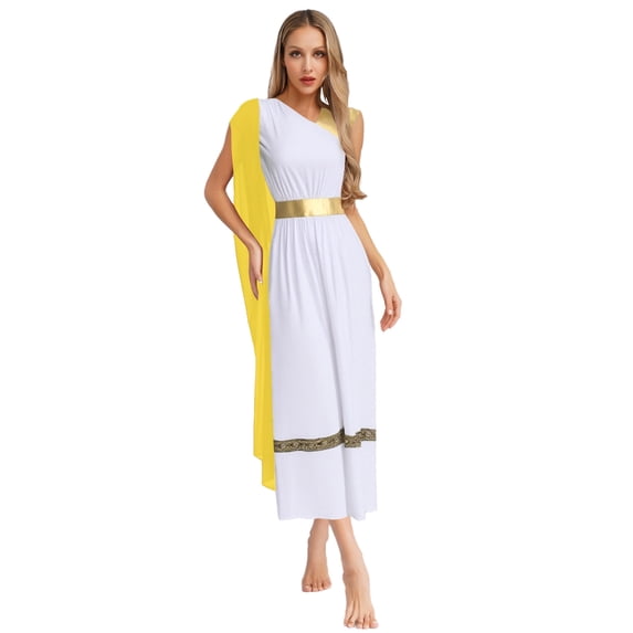 Hansber Women Ancient Greek Princess Roman Toga Dress One Shoulder Full Length Praise Dance Tunic Dress Yellow XL
