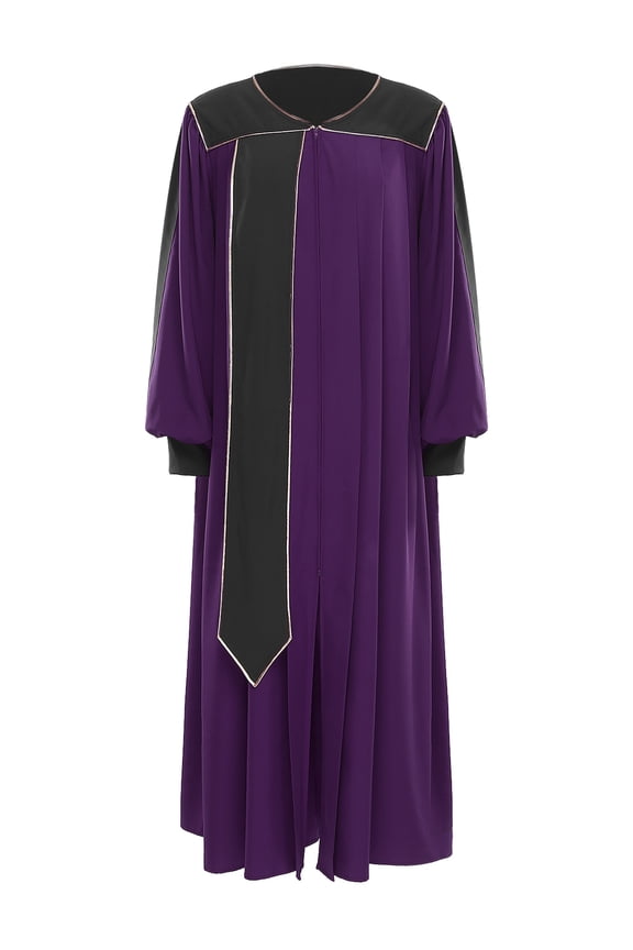 Women Color Block Church Clergy Dress Long Sleeve Zipper Front Choir Robe Pulpit Gown for Graduation Dark Purple XS