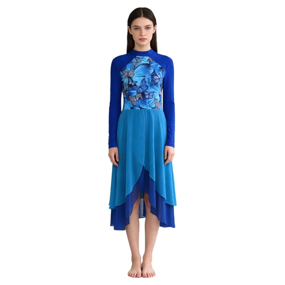 Hansber Women Color Block Printed Liturgical Praise Dance Dress Worship Tunic Dress Lyrical Dancewear Blue XXL