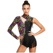 Hansber Women Gymnastics Leotard Fringe Tassels Asymmetrical Leopard Printed Dance Bodysuit Striped S