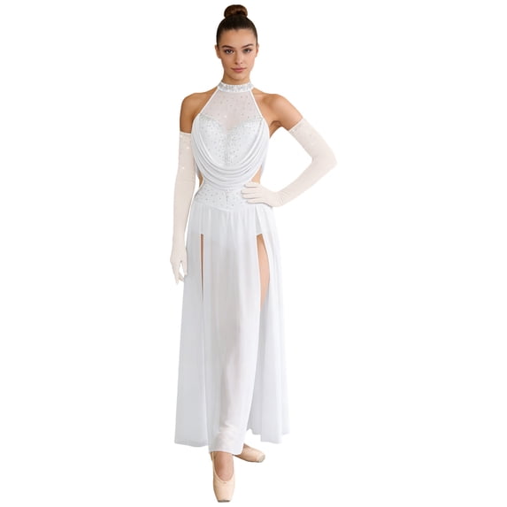 Hansber Women Halter Sleeveless Shiny Rhinestones Slit Hem Mesh Leotard Dress Modern Contemporary Dancewear Ivory L