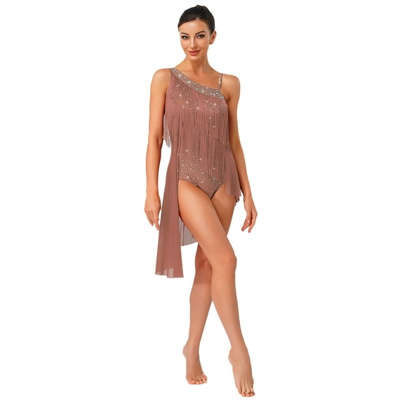 Hansber Women Latin Dance Dress Asymmetrical Skirt Leotard Fringe Tassel Tango Salsa Ballroom Performance Dancewear Dusty Pink XXL