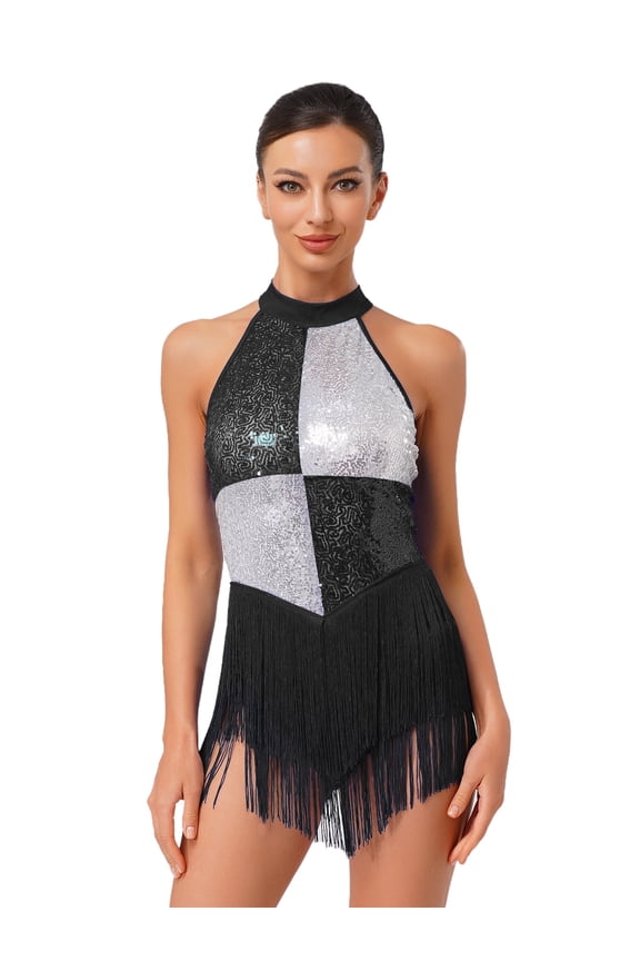 Women Latin Jazz Dance Dress Samba Salsa Performance Sleeveless Sequins Tassels Skirts Fringed Bodysuit Black XXL