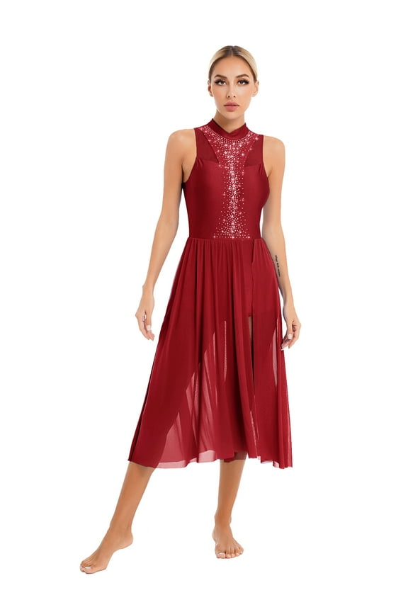Women Lyrical Dance Costumes Sequin Sleeveless Mesh Tulle Flowy Maxi Long Dress Morden Burgundy S