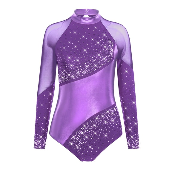 Hansber Women Metallic Color Block Gymnastics Leotard Long Sleeve Keyhole Back Figure Skating Bodysuit Dancewear Purple S