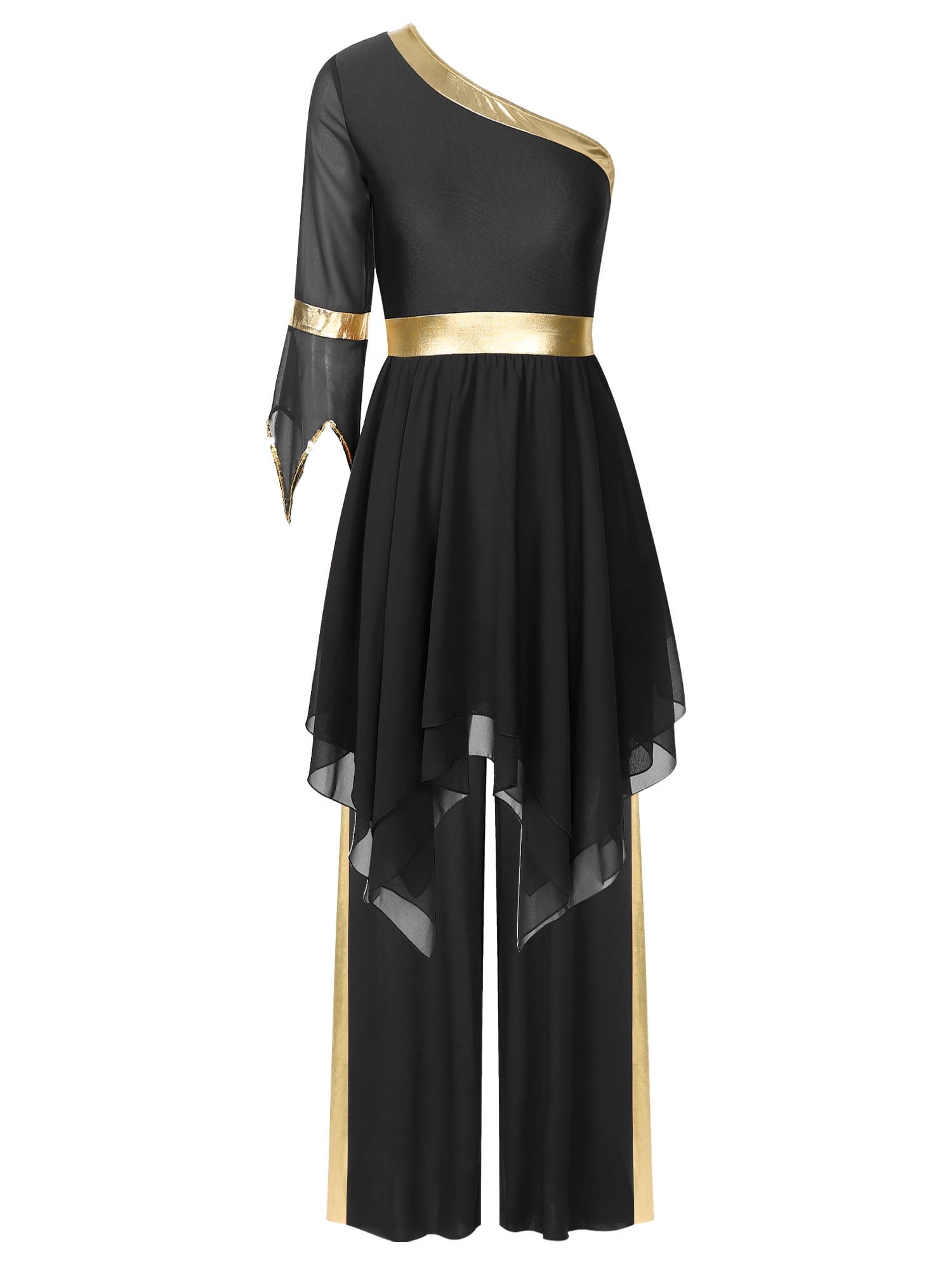 Hansber Women One Shoulder Liturgical Praise Dance Dress With Metallic