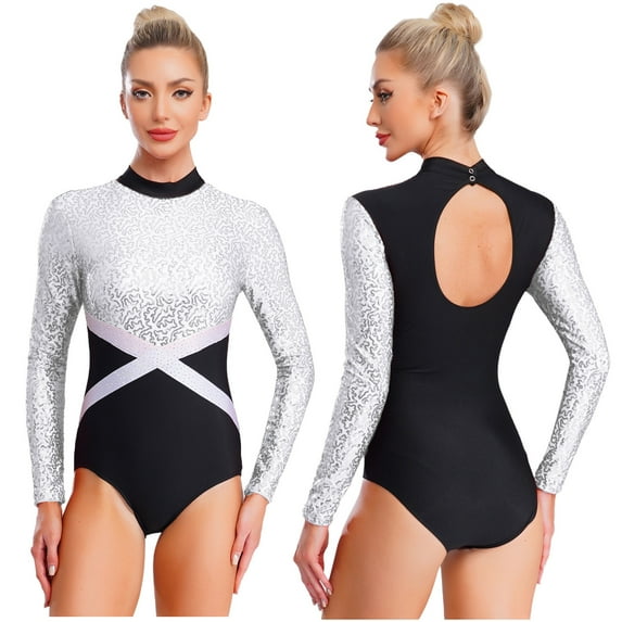 Hansber Women Rhythmic Gymnastic Leotard Sequin Figure Bodysuit Cutout Back Ballerina Dance Outfits White S