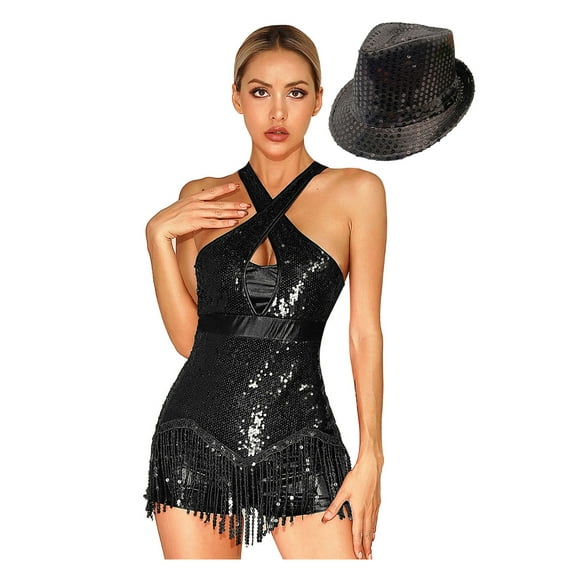 Hansber Women Sequin Tassel Latin Dance Bodysuit With Hat Fringe Tango Samba Dance Dress Ballroom Black S