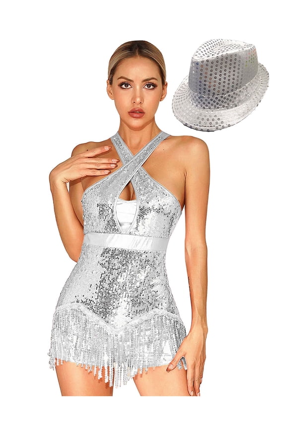 Women Sequin Tassel Latin Dance Bodysuit With Hat Fringe Tango Samba Dance Dress Ballroom Silver XL