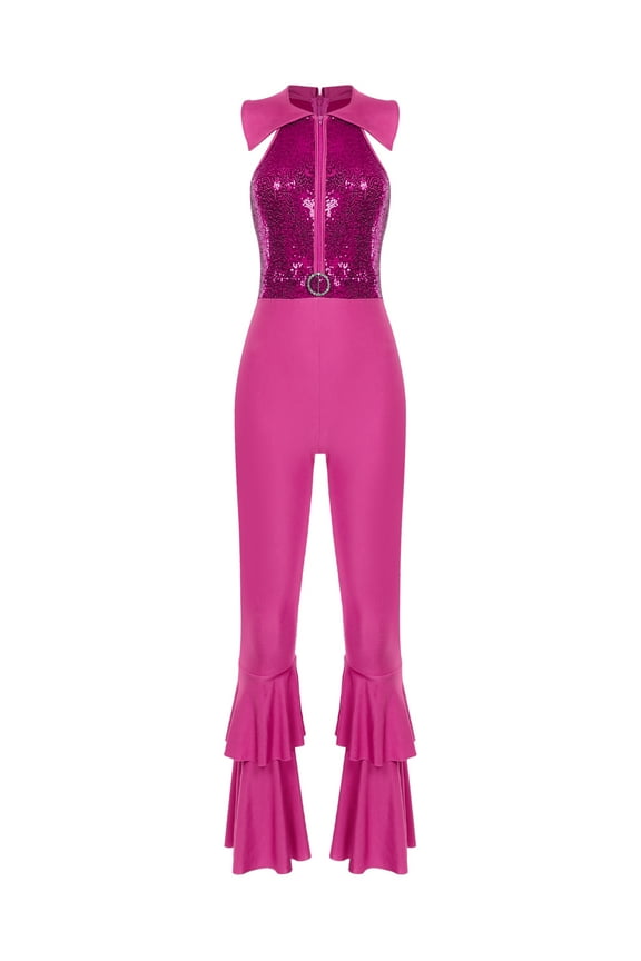 Women Sequins Sleeveless Jumpsuit Turn-Down Collar Tiered Bell-Bottom Bodysuit Disco Rompers Hot Pink M
