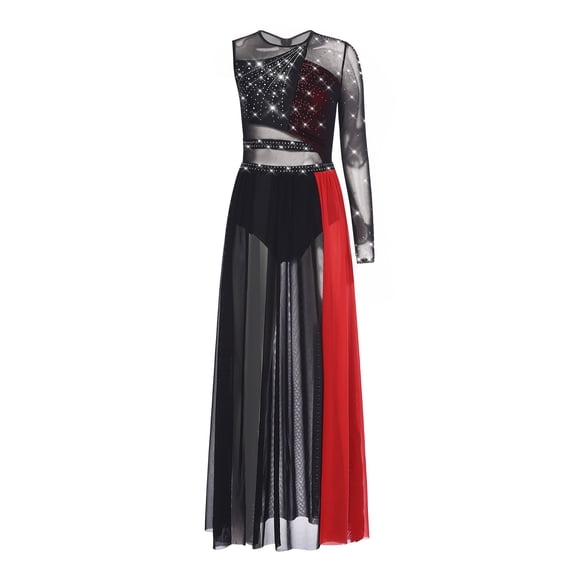Hansber Women Sheer Mesh Color Block Patchwork Shiny Rhinestones Adult Lyrical Dance Dress Black&Red XXL