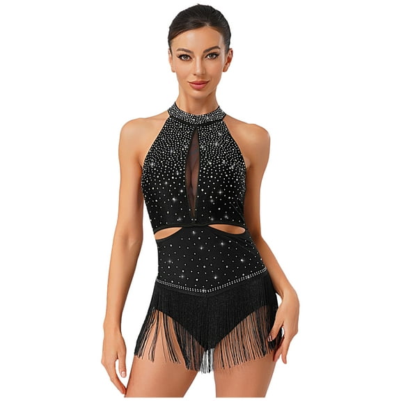 Hansber Women Tassel Fringe Latin Dance Dress Halter Backless Bodysuit Salsa Samba Tango Ballroom Dancewear Black M