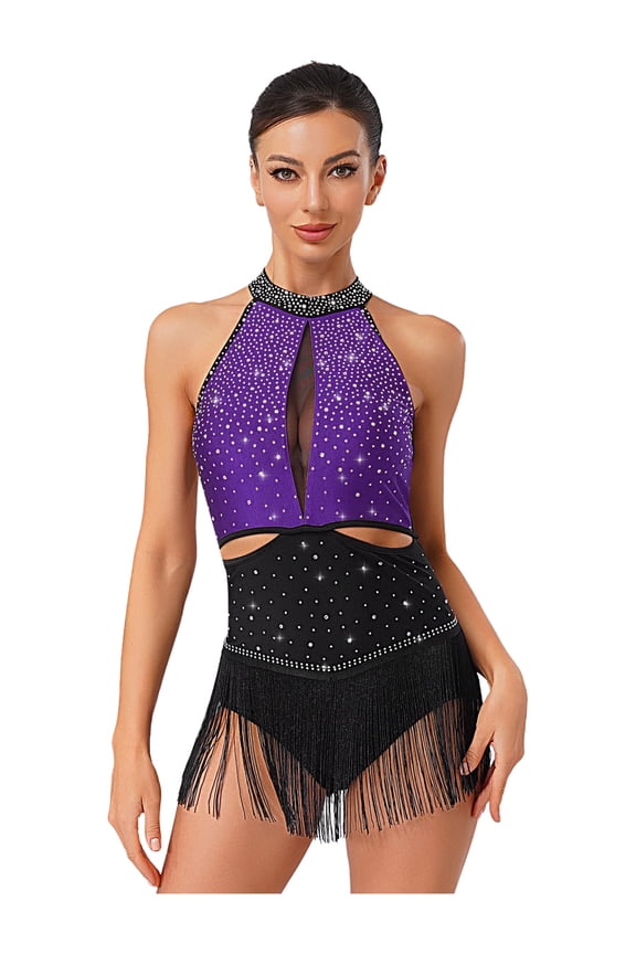 Women Tassel Fringe Latin Dance Dress Halter Backless Bodysuit Salsa Samba Tango Ballroom Dancewear Purple XXL