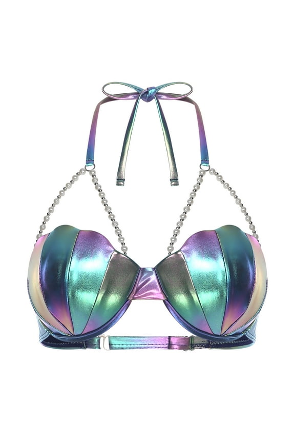 Women's Bikini Tops Shiny Metallic Sea Shell Shape Bra Pearls Beads Seashell Bra Top for Rave Festival Blue XXL