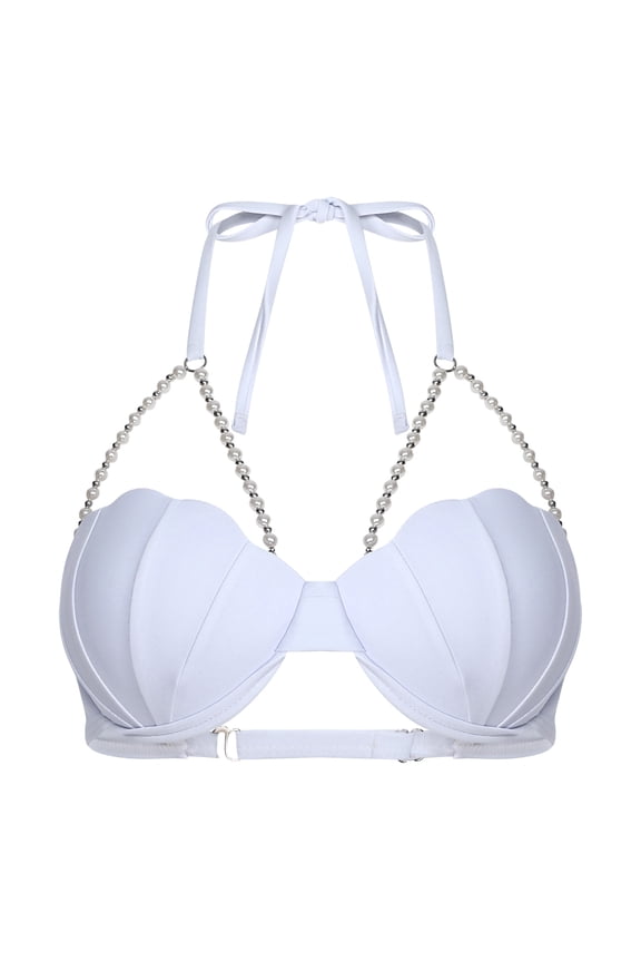 Women's Bikini Tops Shiny Metallic Sea Shell Shape Bra Pearls Beads Seashell Bra Top for Rave Festival White S