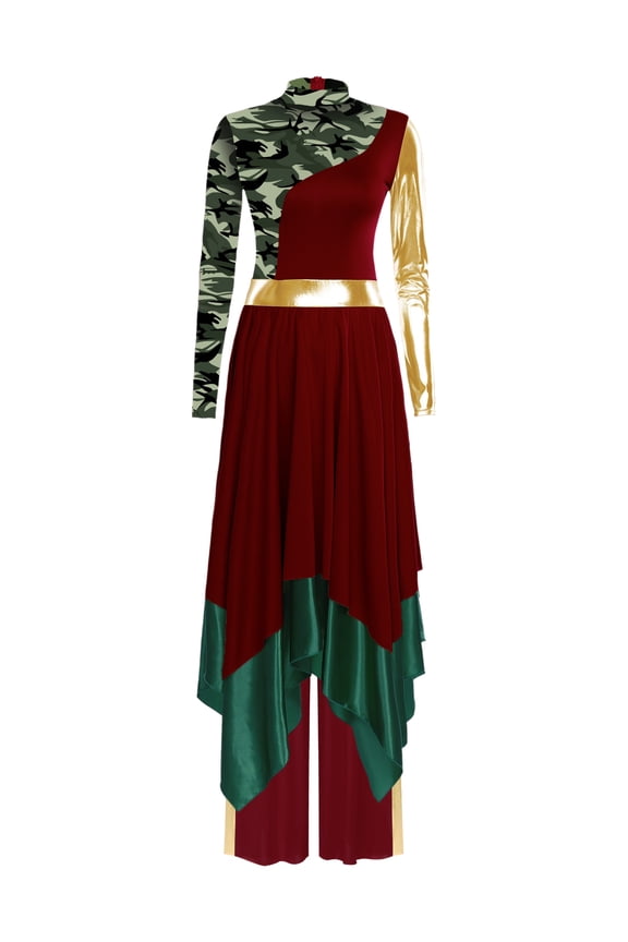 Women's Celebration of Spirit Long Sleeve Worship Dance Dress with Palazzo Pants Praise Dance Outfit Burgundy L