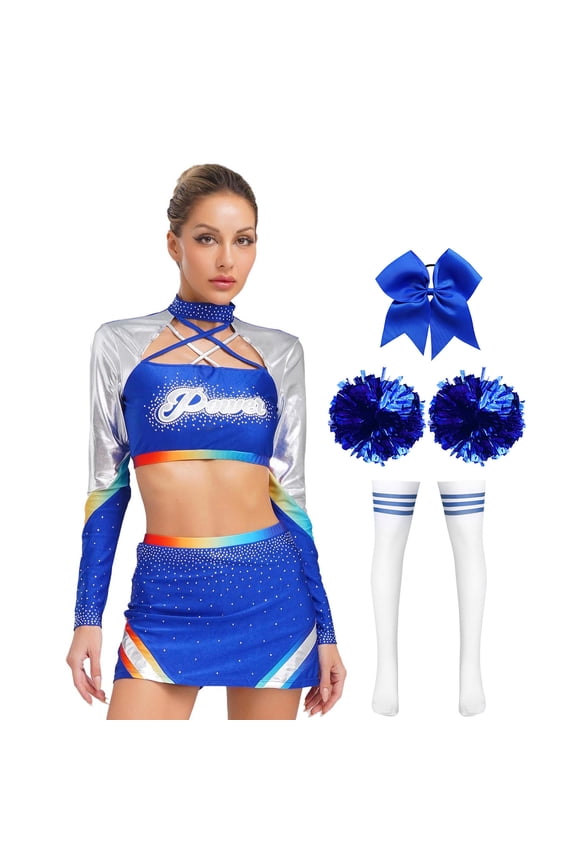 Women's Cheerleading Outfits Cheer Uniform Dance Dress Rave Music Festival Stage Performance Complete Set Royal Blue XXL
