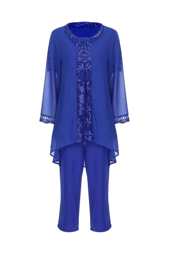 Women's Chiffon Lace Mother of the Bride Pant Suits Wedding Guest Plus Size Floral Evening Party Gown Blue L/0XL