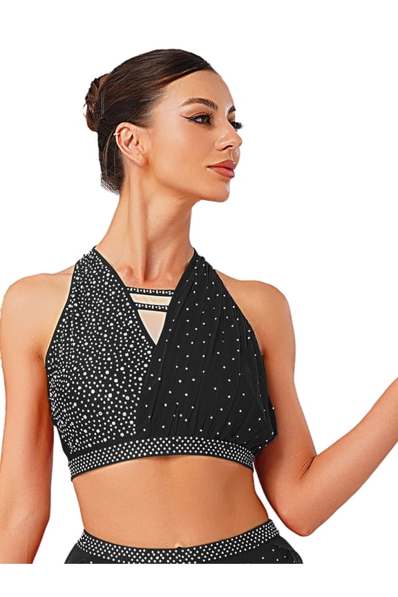 Women's Dance Tops Sleeveless Strappy Back Sparkle Rhinestones Athletic Crop Tops Dancewear Black S