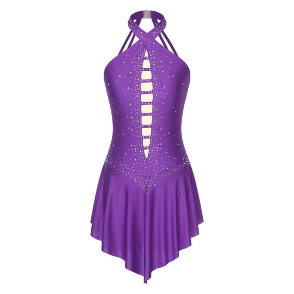 Hansber Women's Figure Skating Dance Dress Sleeveless Shiny Ice Roller Skating Dresses Cross Back Purple L