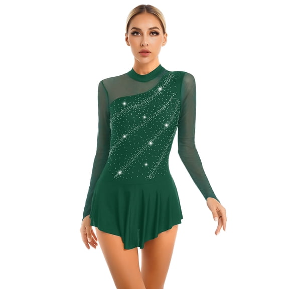 Hansber Women's Figure Skating Dress Shiny Rhinestones Lyrical Modern Contemporary Dance Dresses Green L