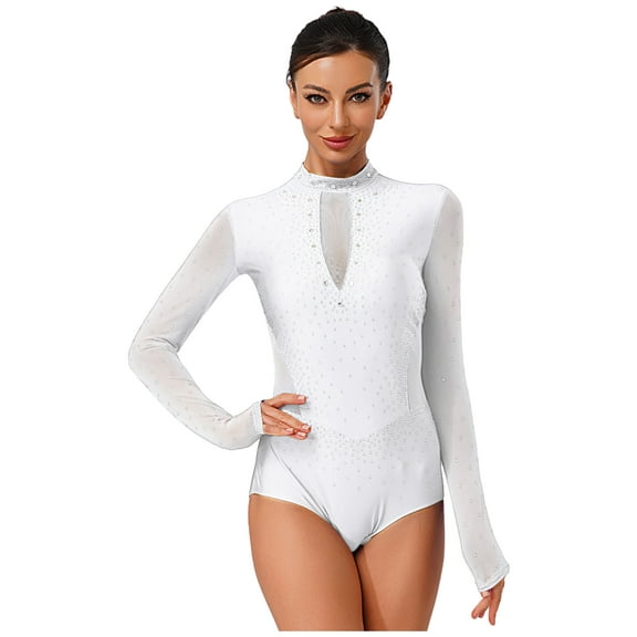 Hansber Women's Gymnastics Leotard Long Sleeve Sheer Mesh Patchwork Rhinestones Figure Skating Dance Bodysuit White L