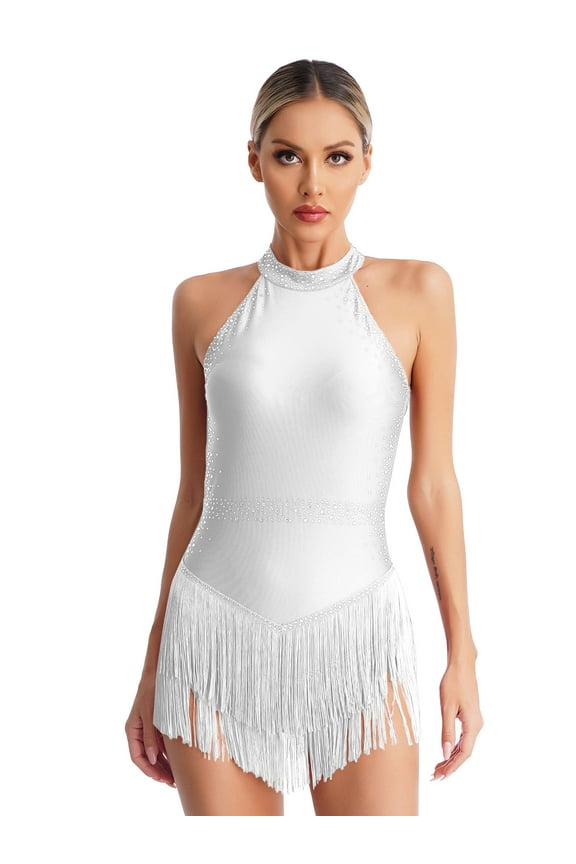 Women's Latin Dance Dress Glitter Rhinestone Tassel Fringed Leotard Backless Halter Dress Dancewear White L