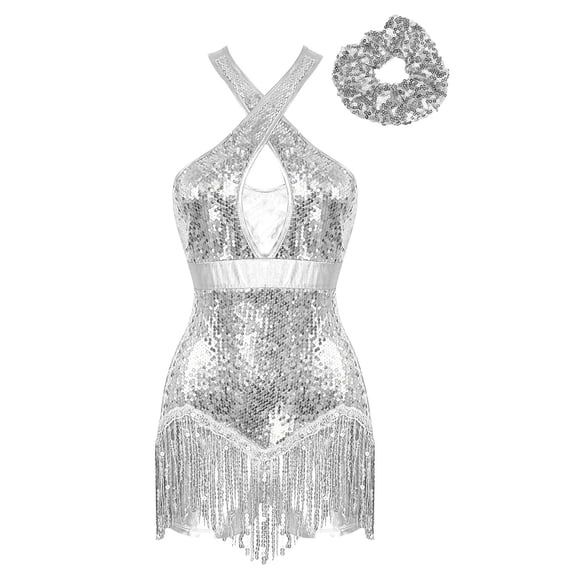 Hansber Women's Latin Dance Costume Shiny Sequins Tassel Crisscross Leotard Gymnastics Jumpsuit Silver M