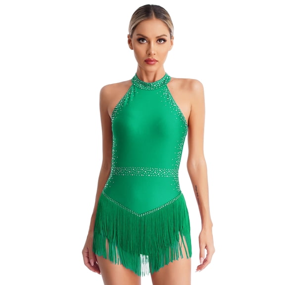 Hansber Women's Latin Dance Dress Glitter Rhinestone Tassel Fringed Leotard Backless Halter Dress Dancewear Green XXL