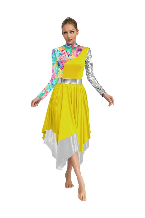 Women's Liturgical Praise Dance Dress Long Sleeve Irregular Hem Maxi Dress Worship Dancewear Yellow XL