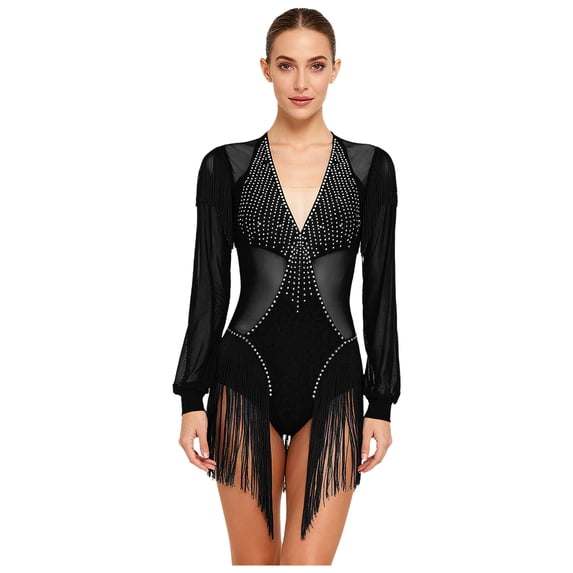 Hansber Women's Long Sleeve Tassels Latin Dance Dress Fringe Leotard Shiny Rhinestones Tango Jazz Dancewear Black S