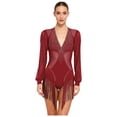 thumbnail image 1 of Hansber Women's Long Sleeve Tassels Latin Dance Dress Fringe Leotard Shiny Rhinestones Tango Jazz Dancewear Burgundy XXL, 1 of 5