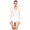 thumbnail image 1 of Hansber Women's Long Sleeve Tassels Latin Dance Dress Fringe Leotard Shiny Rhinestones Tango Jazz Dancewear White S, 1 of 5