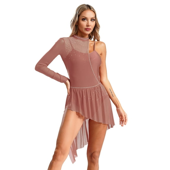 Hansber Women's Lyrical Ballet Dance Dresses Asymmetrical Contemporary Dance Ice Skating Dress Dusty Pink XXL
