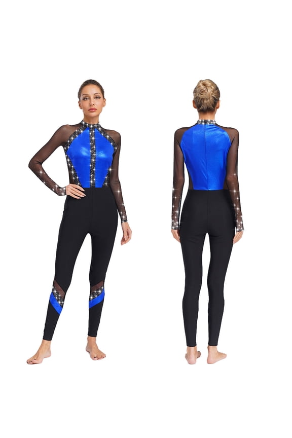 Women's Mesh Long Sleeves Gymnastics Dance Leotard Color Block Sparkly Ballet Jumpsuit Full Body Suit Blue S