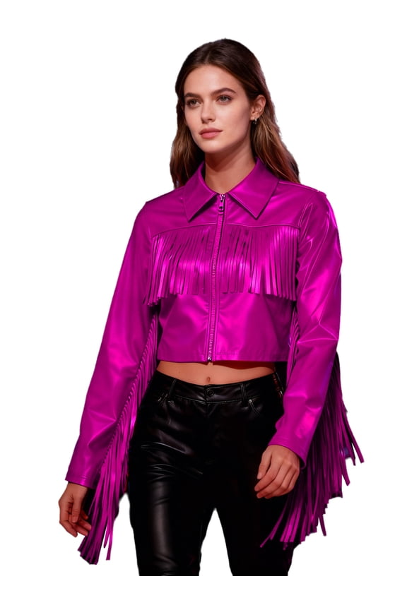 Women's Metallic Crop Jackets Top Long Sleeve Tassels Bomber Jacket Holographic Motorcycle Rave Outfits Hot Pink S