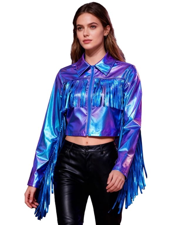 Women's Metallic Crop Jackets Top Long Sleeve Tassels Bomber Jacket Holographic Motorcycle Rave Outfits Iridescent L