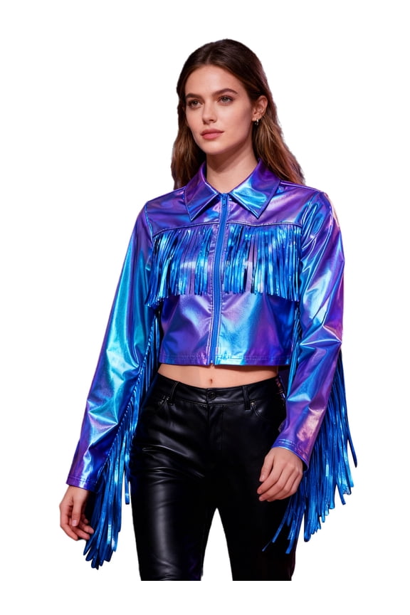 Women's Metallic Crop Jackets Top Long Sleeve Tassels Bomber Jacket Holographic Motorcycle Rave Outfits Iridescent S