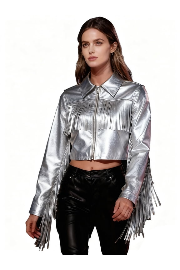 Women's Metallic Crop Jackets Top Long Sleeve Tassels Bomber Jacket Holographic Motorcycle Rave Outfits Silver S