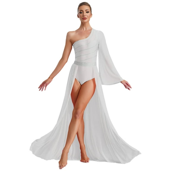 Hansber Women's One Shoulder Lyrical Dance Dress Flared Sleeve Leotard Dress Contemporary Dancewear White M